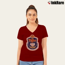 Women’s Tiger Gold Medal Beer Vintage Style V-Neck Tee in maroon | Chic Neckline, Soft Texture
