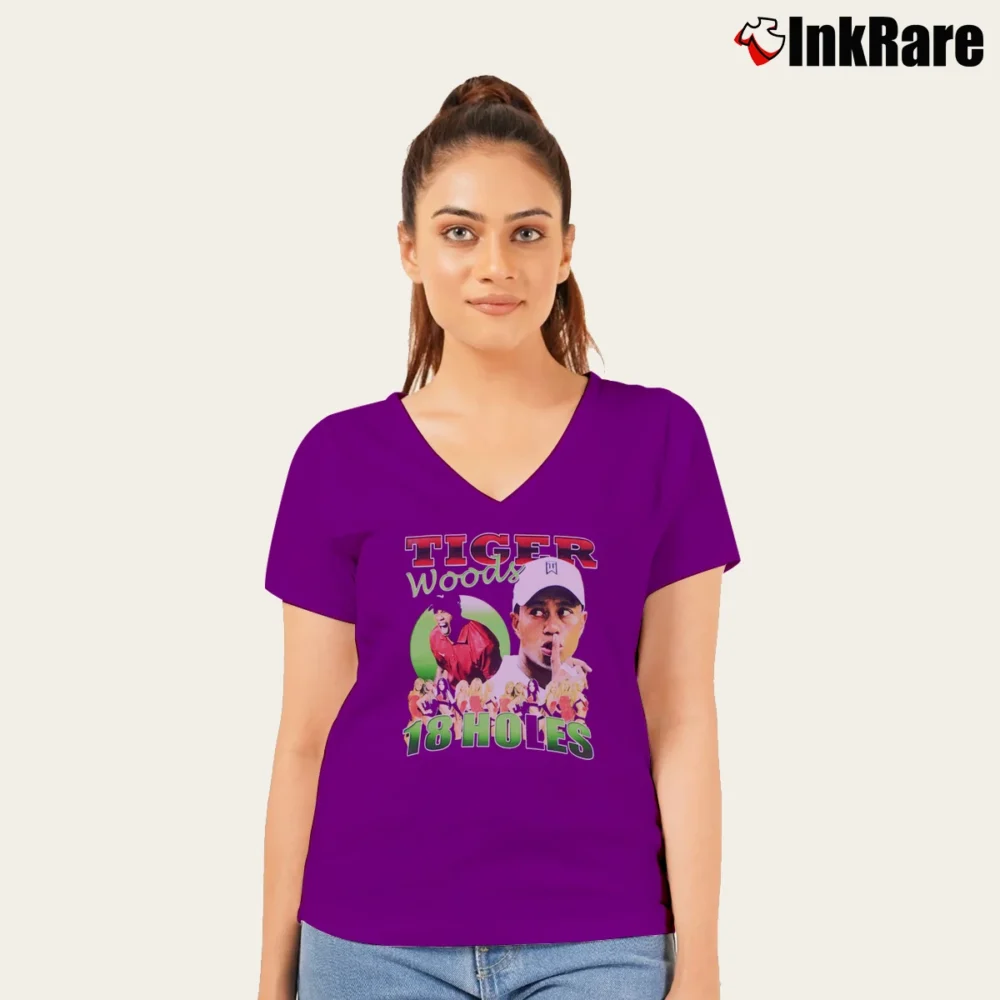 Women’s Tiger Woods 18 Holes Golf Funny V-Neck Tee in purple | Chic Neckline, Soft Texture