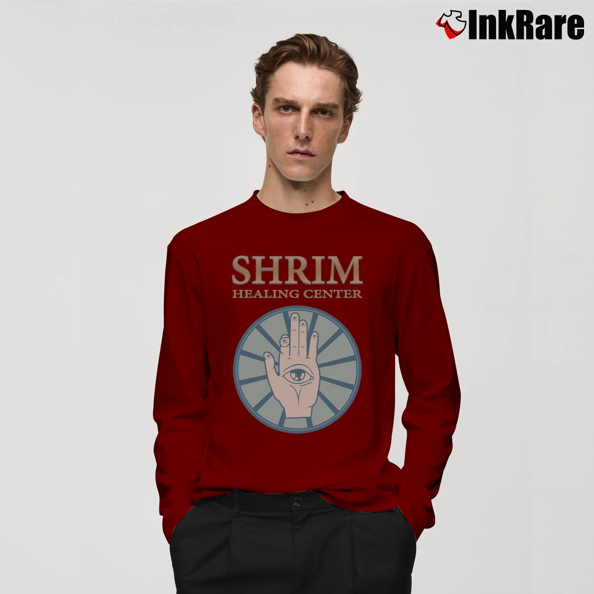 Men’s Tim And Eric Pre Shrim Comedy Graphic Long-Sleeve Shirt in maroon | Sleek, Lightweight, Year-Round Wear