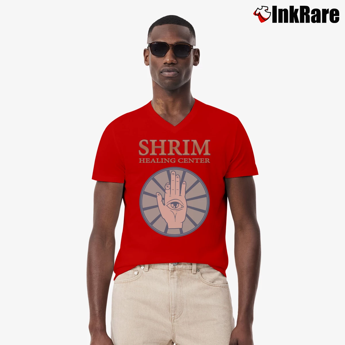 Men’s Tim And Eric Pre Shrim Comedy Graphic V-Neck Tee in red | Sharp, Breathable, Everyday Staple