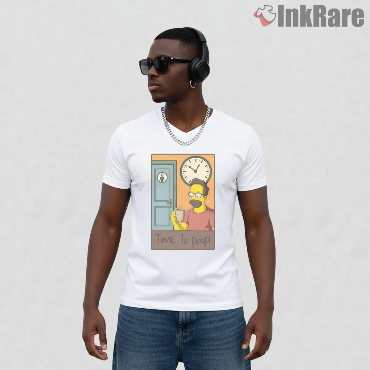 Time To Poop Simpsons Bathroom Humor Scene V Neck White Time To Poop Simpsons Bathroom Humor Scene Shirt on white v-neck shirt for men graphic tee