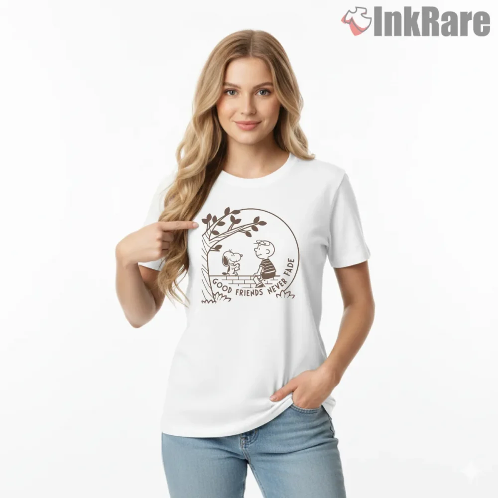Timeless Friends Endless Smiles Peanuts Shirt on white short sleeve shirt for women graphic tee