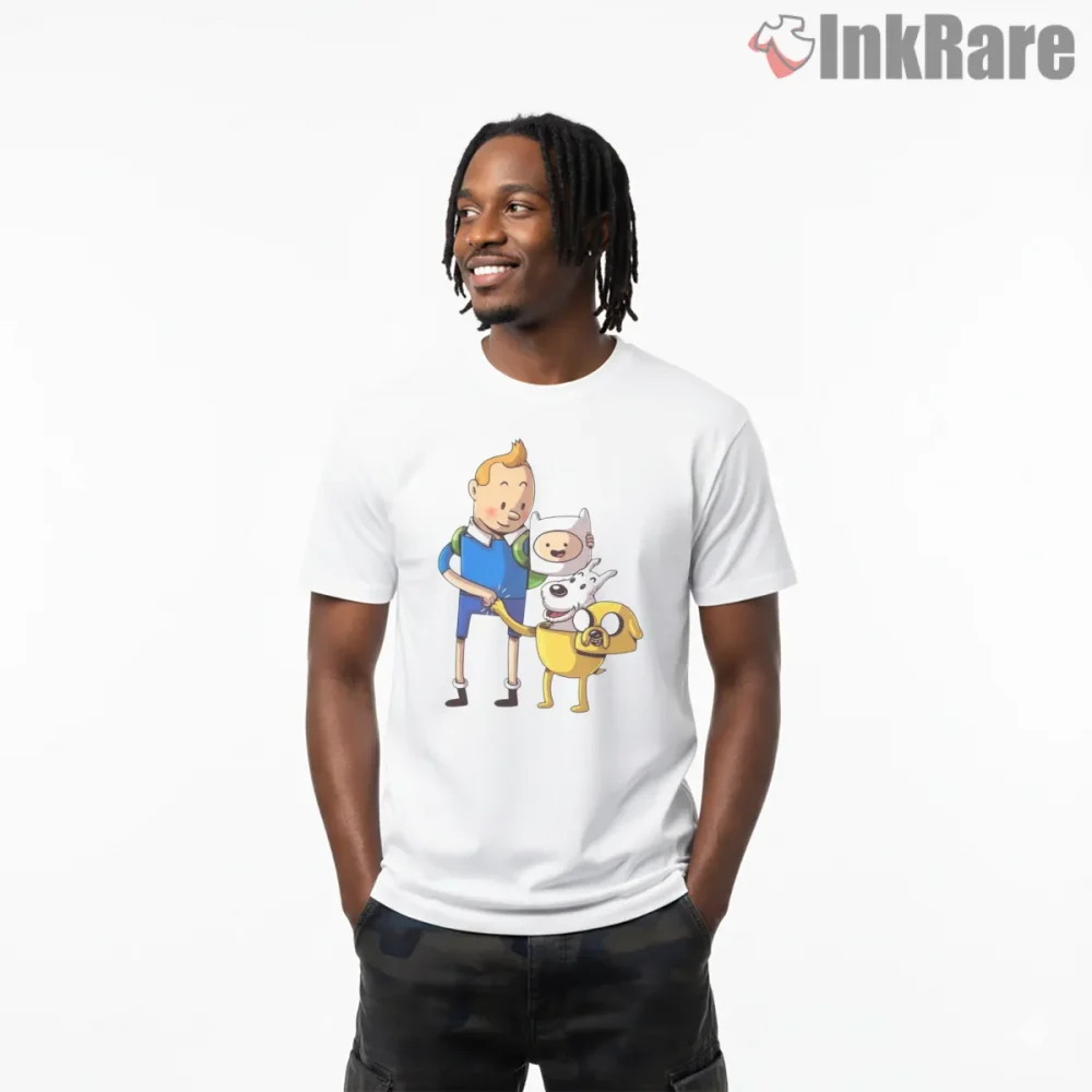 Tintin Adventure Time Finn Jake Crossover Cartoon Shirt on white short sleeve shirt for men graphic tee