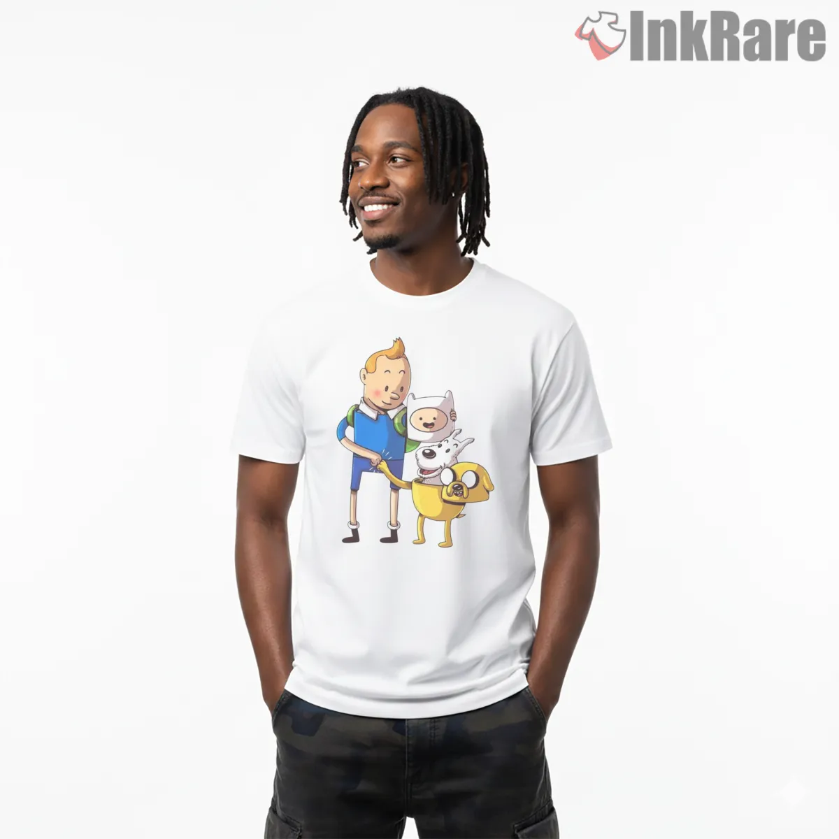 Tintin Adventure Time Finn Jake Crossover Cartoon Short Sleeve White Tintin Adventure Time Finn Jake Crossover Cartoon Shirt on white short sleeve shirt for men graphic tee