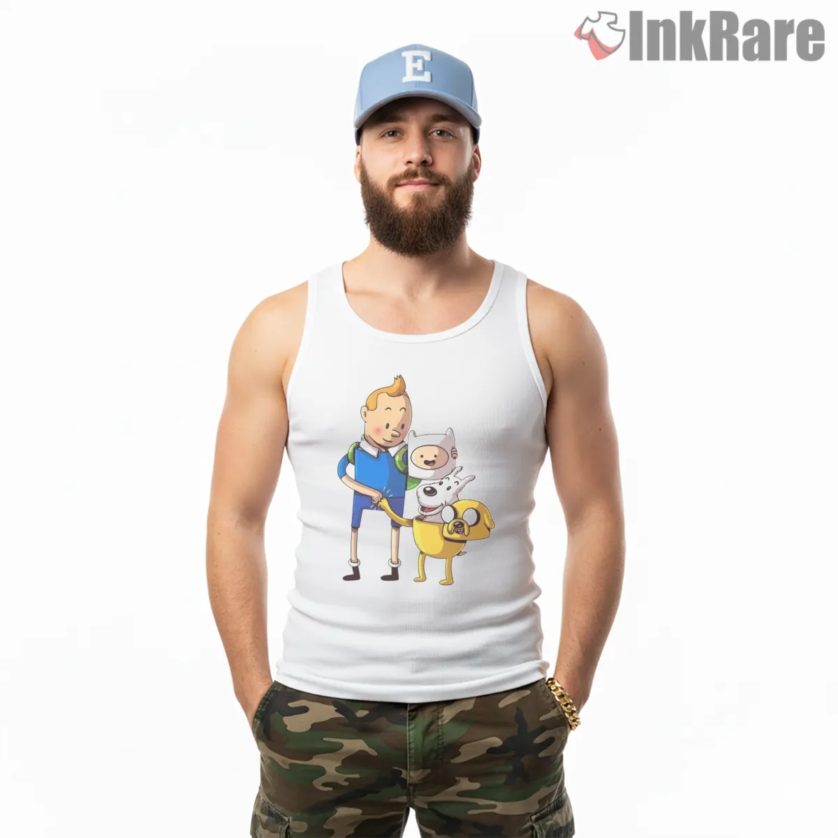 Tintin Adventure Time Finn Jake Crossover Cartoon Tank Top White Tintin Adventure Time Finn Jake Crossover Cartoon Shirt on white tank top for men graphic tee