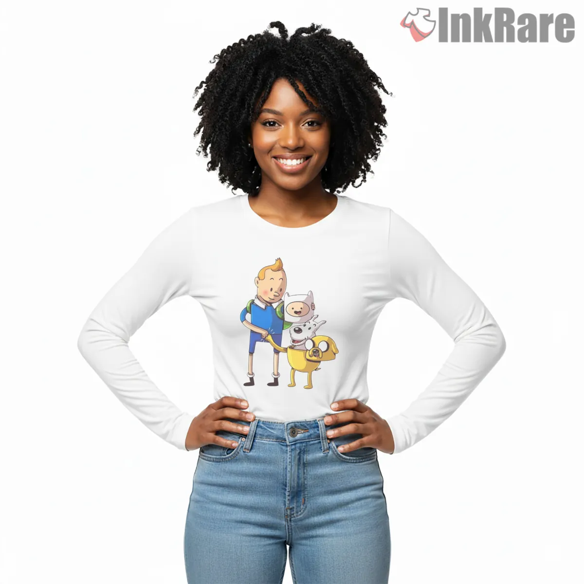 Tintin Adventure Time Finn Jake Crossover Cartoon Long Sleeve White Tintin Adventure Time Finn Jake Crossover Cartoon Shirt on white long sleeve shirt for women graphic tee