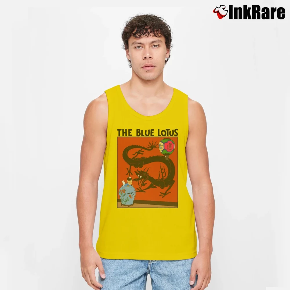 Men’s Tintin The Blue Lotus Dragon Cartoon Tank Top in yellow | Breathable, Active-Friendly Design