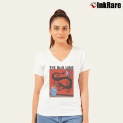 Women’s Tintin The Blue Lotus Dragon Cartoon V-Neck Tee in white | Chic Neckline, Soft Texture