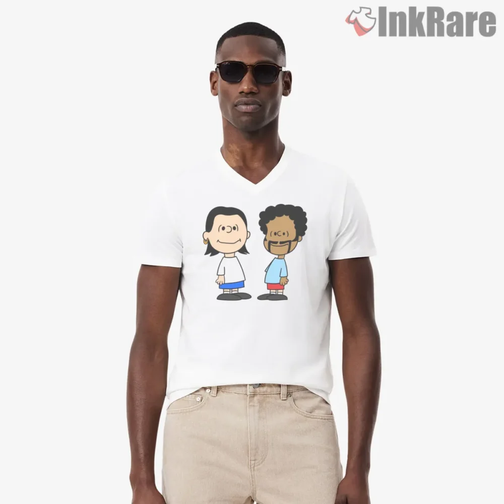 Tiny Fiction Peanuts Style Duo Shirt on white v-neck shirt for men graphic tee