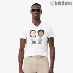 Tiny Fiction Peanuts Style Duo Shirt on white v-neck shirt for men graphic tee