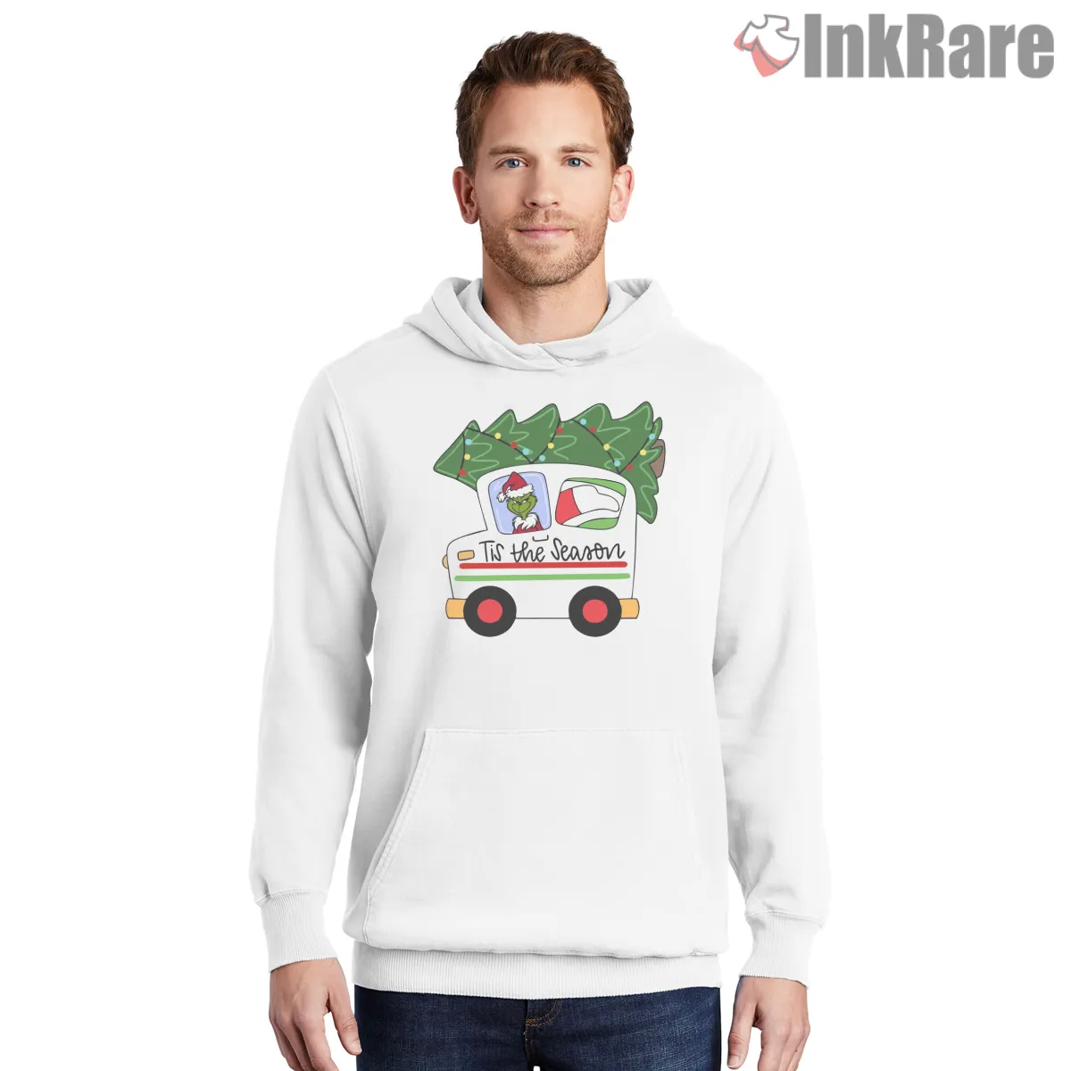 Tis The Season Grinch Christmas Truck Shirt on white hoodie for men graphic tee