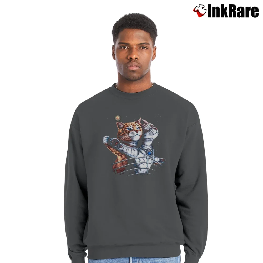 Men’s Titanic Cat Funny Cat Lover Rose And Jack Design Crewneck Sweatshirt in charcoal | Cozy Fabric, Clean Style
