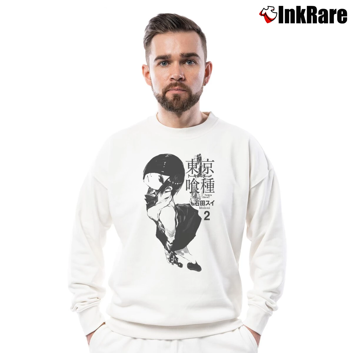 Men’s Tokyo Ghoul Touka Crewneck Sweatshirt in white | Cozy Fabric, Clean Style