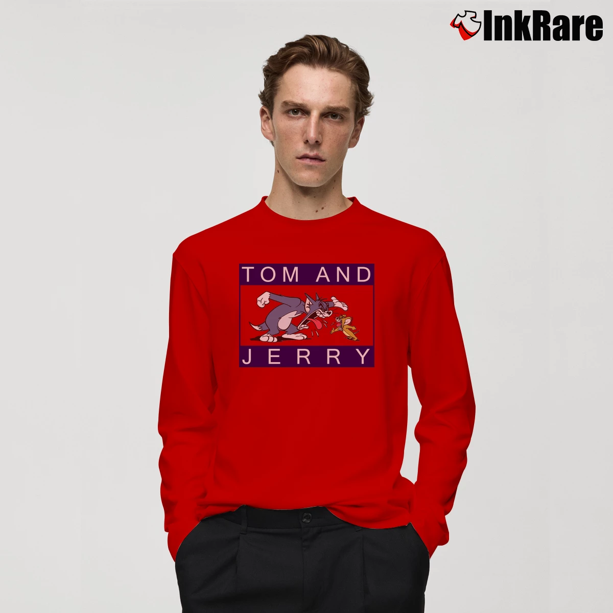 Men’s Tom And Jerry Cartoon Graphic Long-Sleeve Shirt in red | Sleek, Lightweight, Year-Round Wear