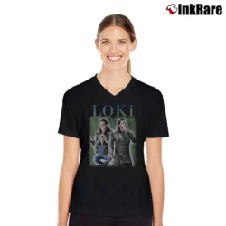 Women’s Tom Hiddleston Loki Laufeyson Retro V-Neck Tee in black | Chic Neckline, Soft Texture