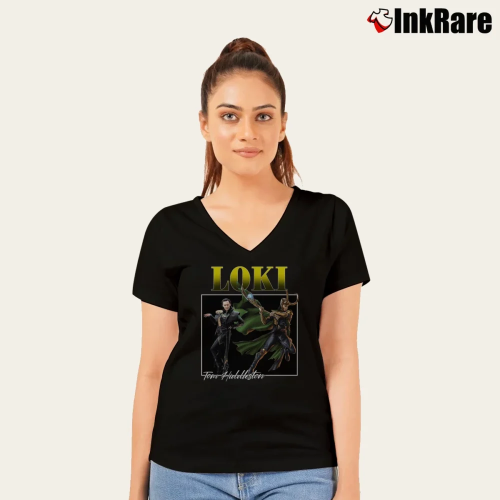 Women’s Tom Hiddleston Loki Movie V-Neck Tee in black | Chic Neckline, Soft Texture
