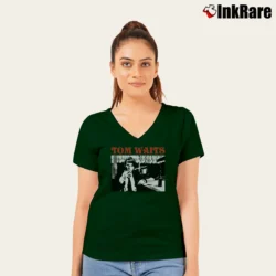 Women’s Tom Waits Amsterdam 76 Poster V-Neck Tee in forest green | Chic Neckline, Soft Texture