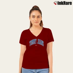 Women’s Tommy Jeans Collegiate V-Neck Tee in maroon | Chic Neckline, Soft Texture