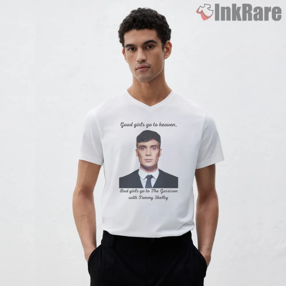 Tommy Shelby Clean Portrait Minimal Quote Shirt on white v-neck shirt for men graphic tee