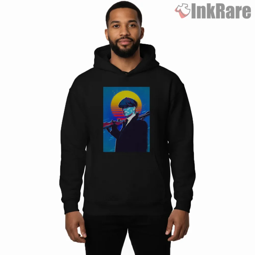 Tommy Shelby Neon Sunset Portrait Retro Style Shirt on black hoodie for men graphic tee