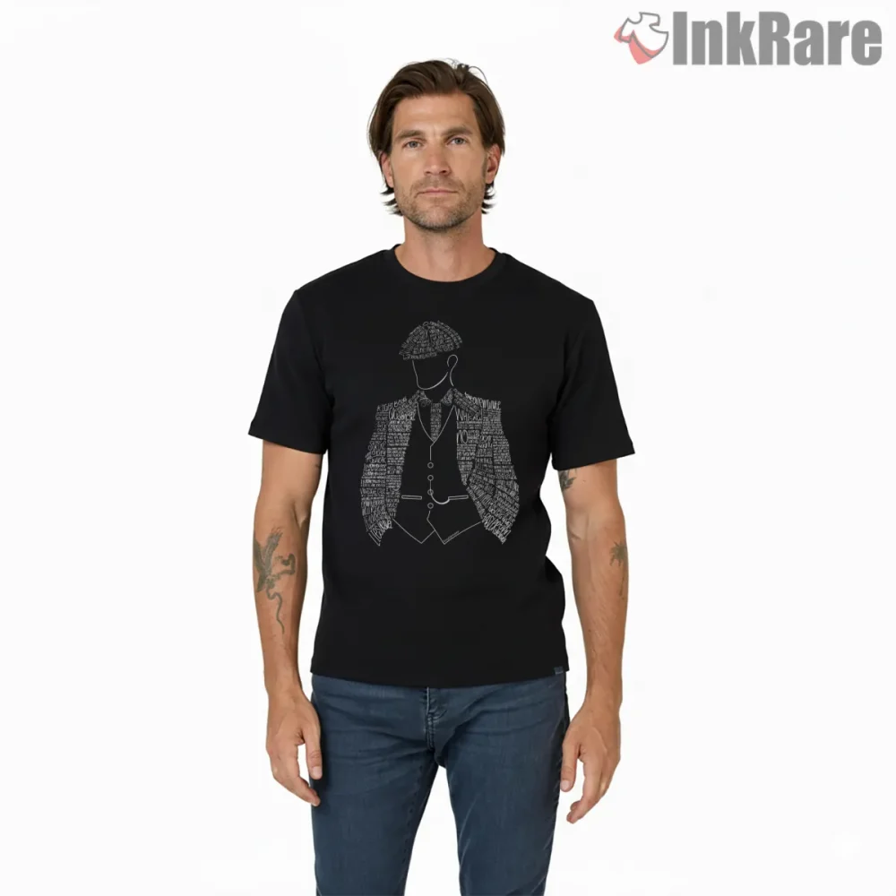 Tommy Shelby Typography Outline Suit Graphic Shirt on black short sleeve shirt for men graphic tee