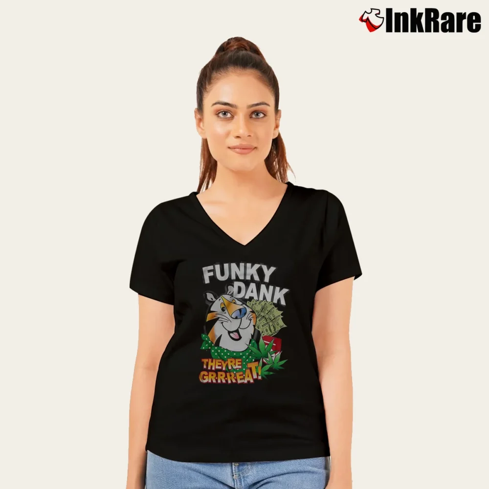Women’s Tony The Tiger Band Rap Funky Dank Graphic V-Neck Tee in black | Chic Neckline, Soft Texture