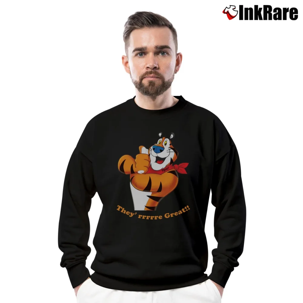 Men’s Tony The Tiger Cereal Character Crewneck Sweatshirt in black | Cozy Fabric, Clean Style