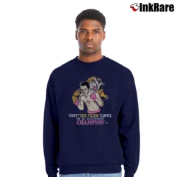 Men’s Tony The Tiger Lopez 90s Boxing Champion Crewneck Sweatshirt in navy | Cozy Fabric, Clean Style