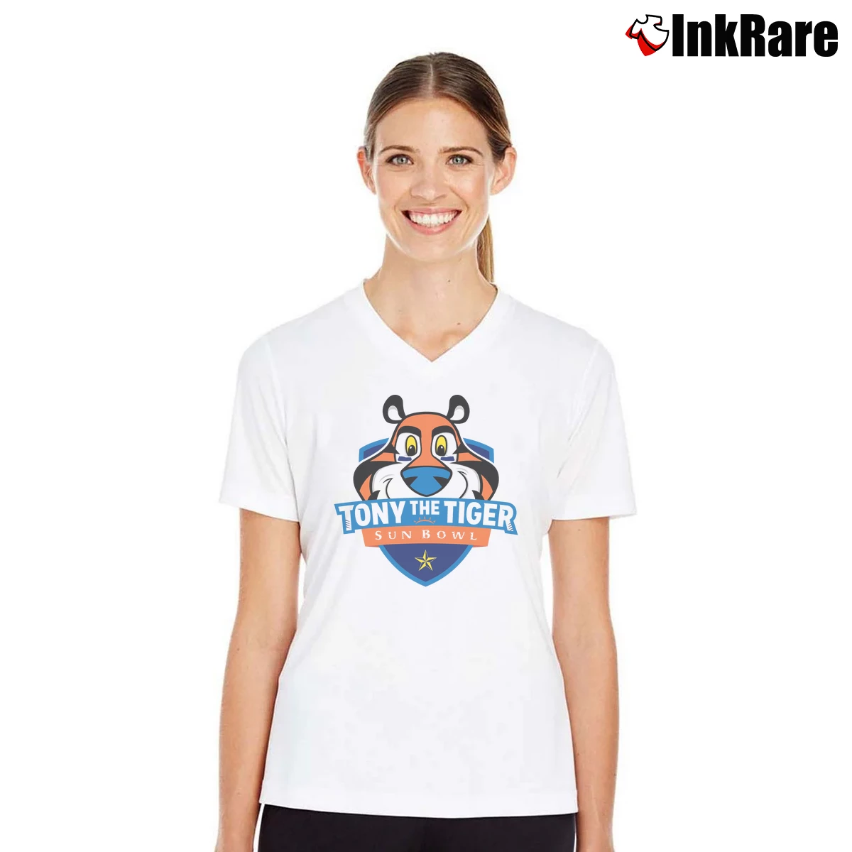 Tony The Tiger Sun Bowl Women’s V-Neck Tee in white – Flattering Fit Women’s Tony The Tiger Sun Bowl V-Neck Tee in white | Chic Neckline, Soft Texture