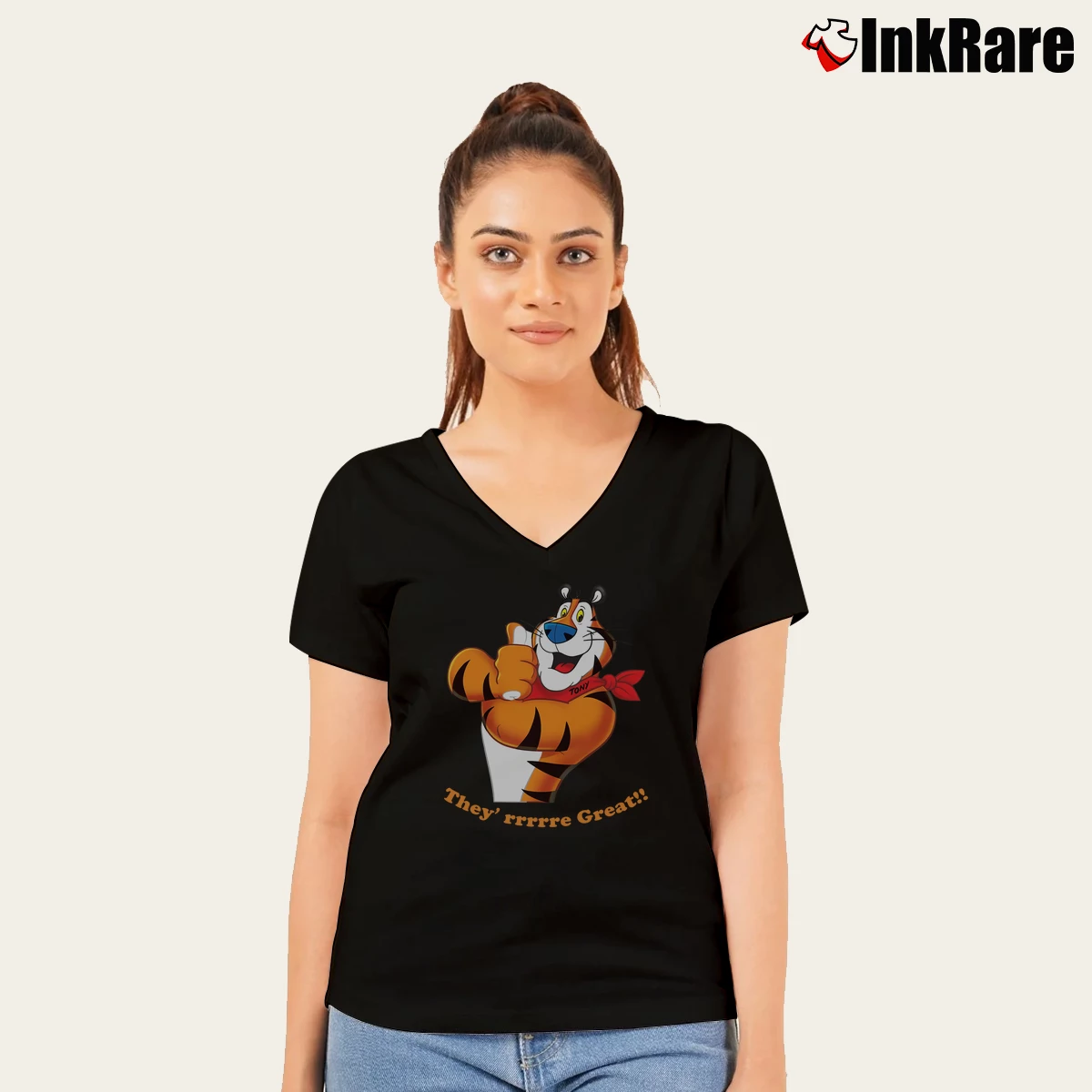 Tony The Tiger They’re Great Women’s V-Neck Tee in black – Flattering Fit Women’s Tony The Tiger They're Great V-Neck Tee in black | Chic Neckline, Soft Texture