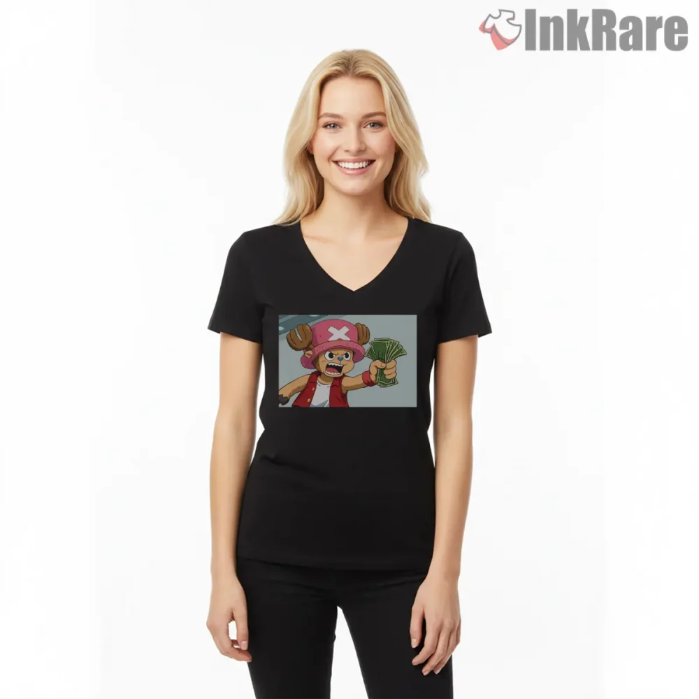 Tony Tony Chopper Funny Money Meme Anime Shirt on black v-neck shirt for women graphic tee