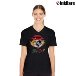 Women’s Top Cat Cartoon Graphic V-Neck Tee in black | Chic Neckline, Soft Texture