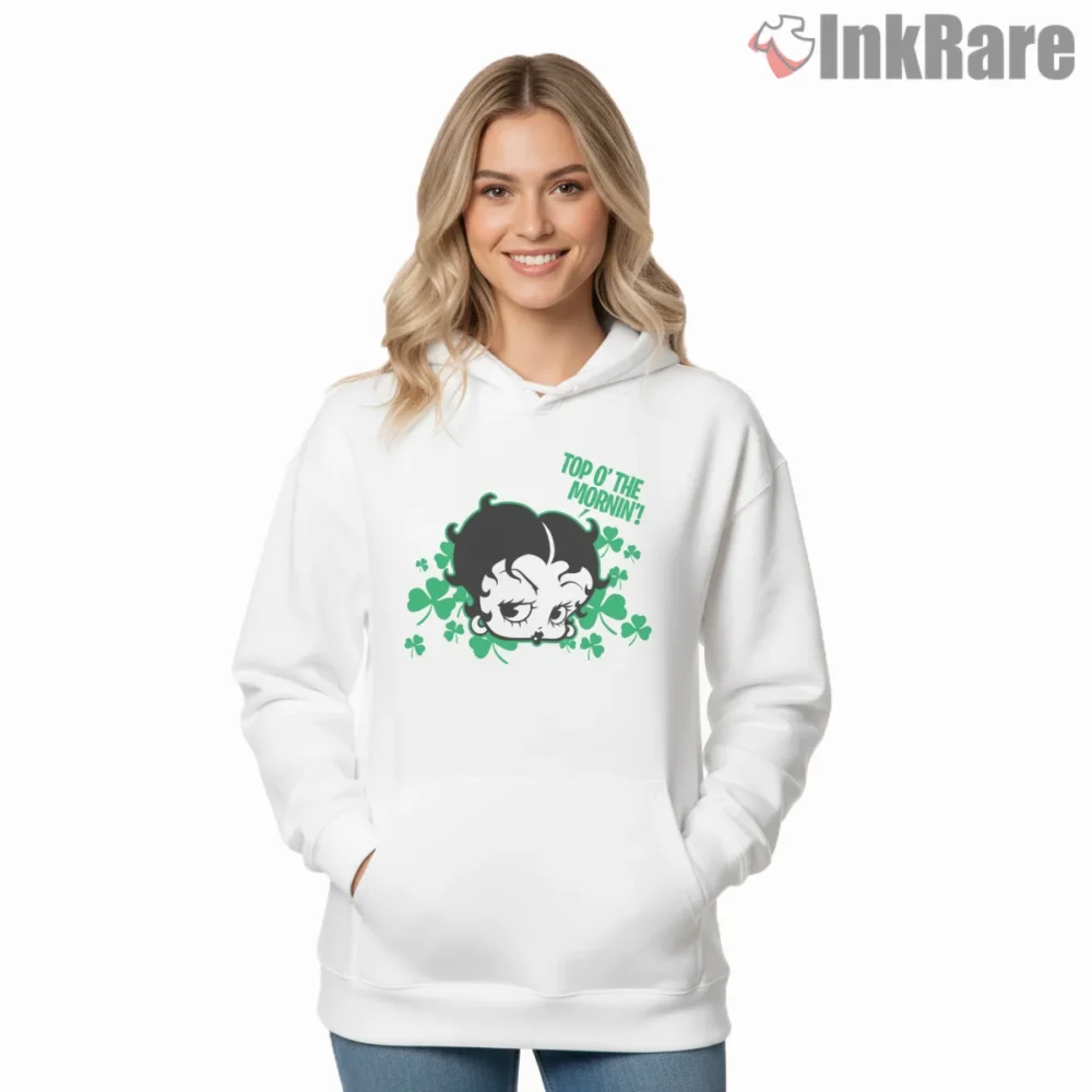 Top O The Mornin Shamrock Betty Boop St Patricks Day Shirt on white hoodie for women graphic tee