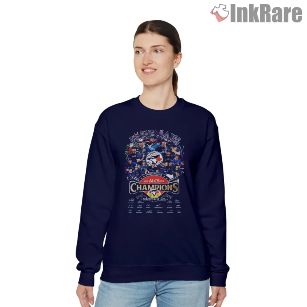 Toronto Blue Jays 2025 ALCS Champions Shirt roster collage on navy sweatshirt