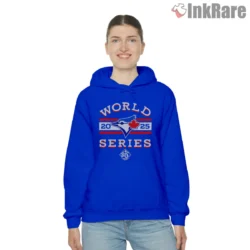 Toronto Blue Jays 2025 World Series Shirt with bold logo on royal blue hoodie front