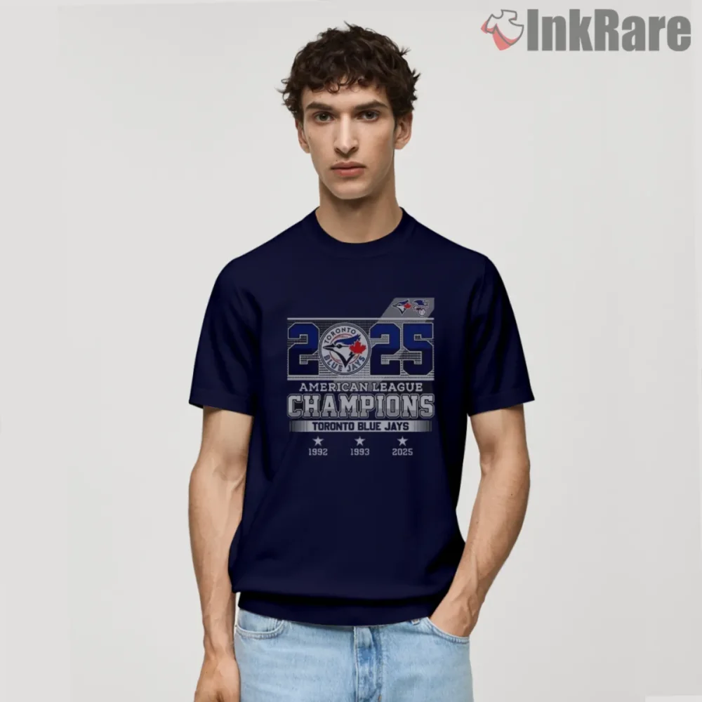Toronto Blue Jays American League Champions Shirt on navy with 1992 1993 2025 graphic