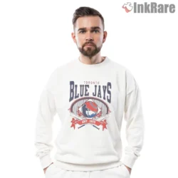 Toronto Blue Jays Est 1977 Shirt front graphic in team colors on white sweatshirt