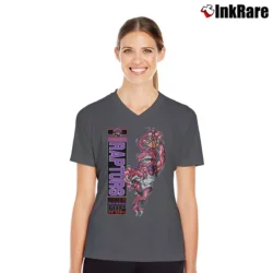 Women’s Toronto Raptors Crazy Mascot 90s NBA Graphic V-Neck Tee in charcoal | Chic Neckline, Soft Texture