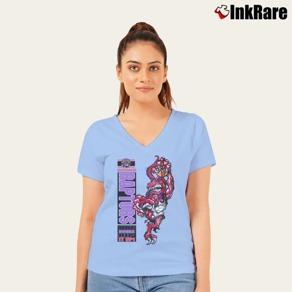 Women’s Toronto Raptors Crazy Mascot Logo 90s Basketball V-Neck Tee in light blue | Chic Neckline, Soft Texture