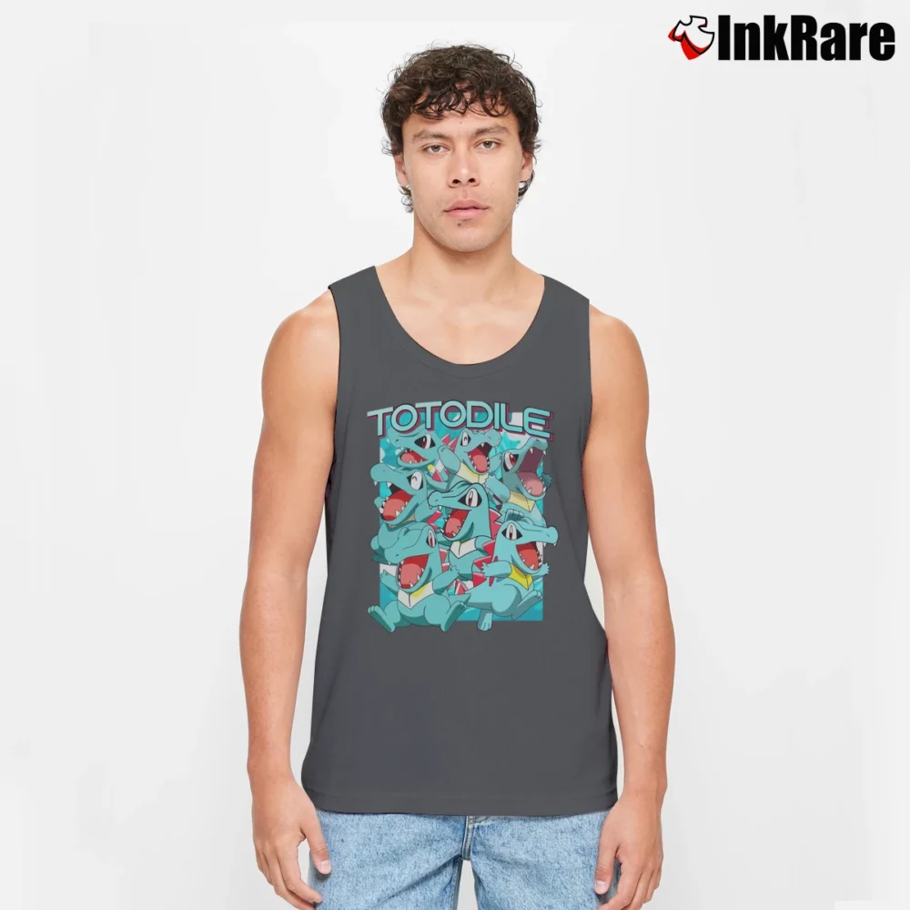Men’s Totodile Pokemon Retro Custom Graphic Tank Top in charcoal | Breathable, Active-Friendly Design