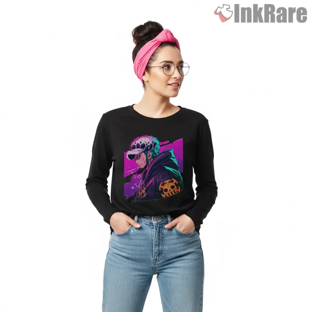 Trafalgar Law Neon Surgeon Of Death Anime Shirt on black long sleeve shirt for women graphic tee