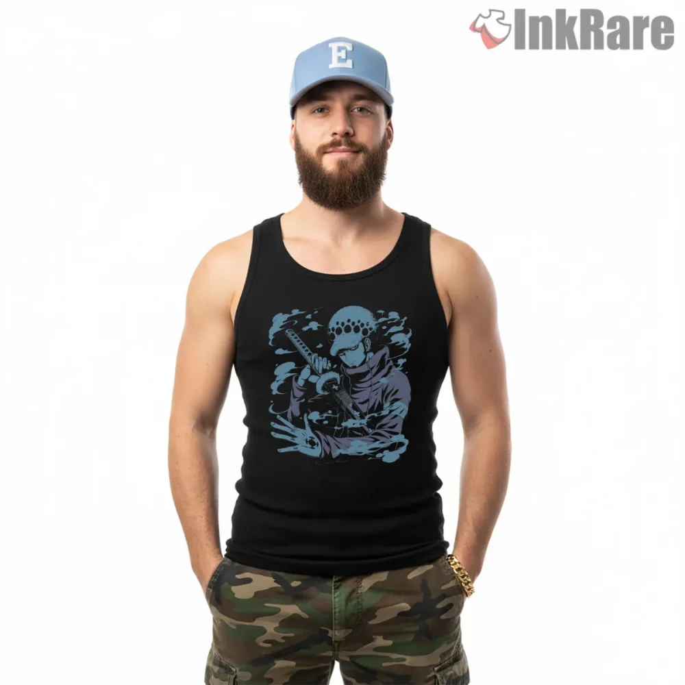 Trafalgar Law Shadow Swordsman Stance Anime Shirt on black tank top for men graphic tee