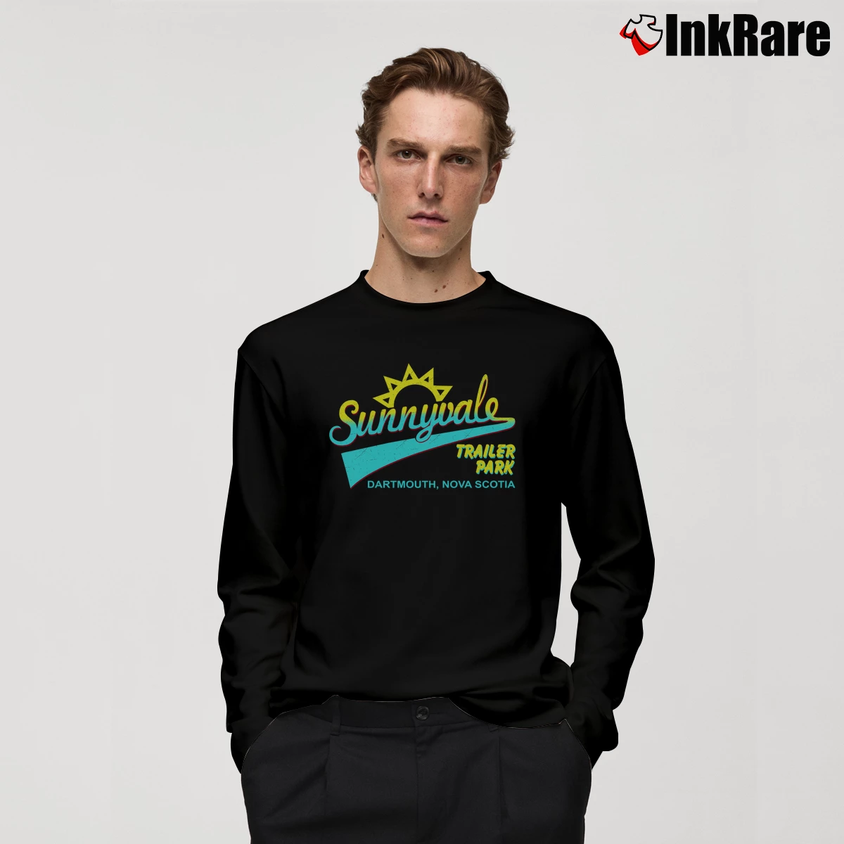 Men’s Trailer Park Boys Sunnyvale Front Graphic Long-Sleeve Shirt in black | Sleek, Lightweight, Year-Round Wear