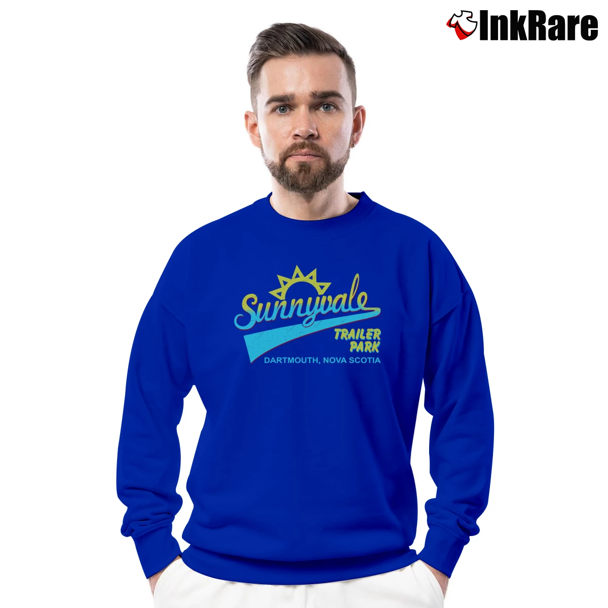Men’s Trailer Park Boys Sunnyvale Front Graphic Crewneck Sweatshirt in royal blue | Cozy Fabric, Clean Style