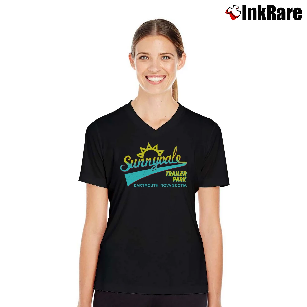 Women’s Trailer Park Boys Sunnyvale Front Graphic V-Neck Tee in black | Chic Neckline, Soft Texture