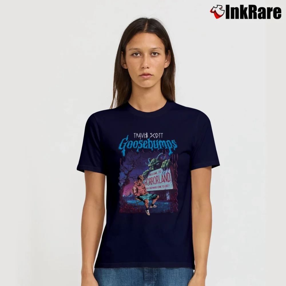 Women’s Travis Scott Goosebumps Rap Tour Graphic Signature T-Shirt in navy | Soft, Flattering Fit