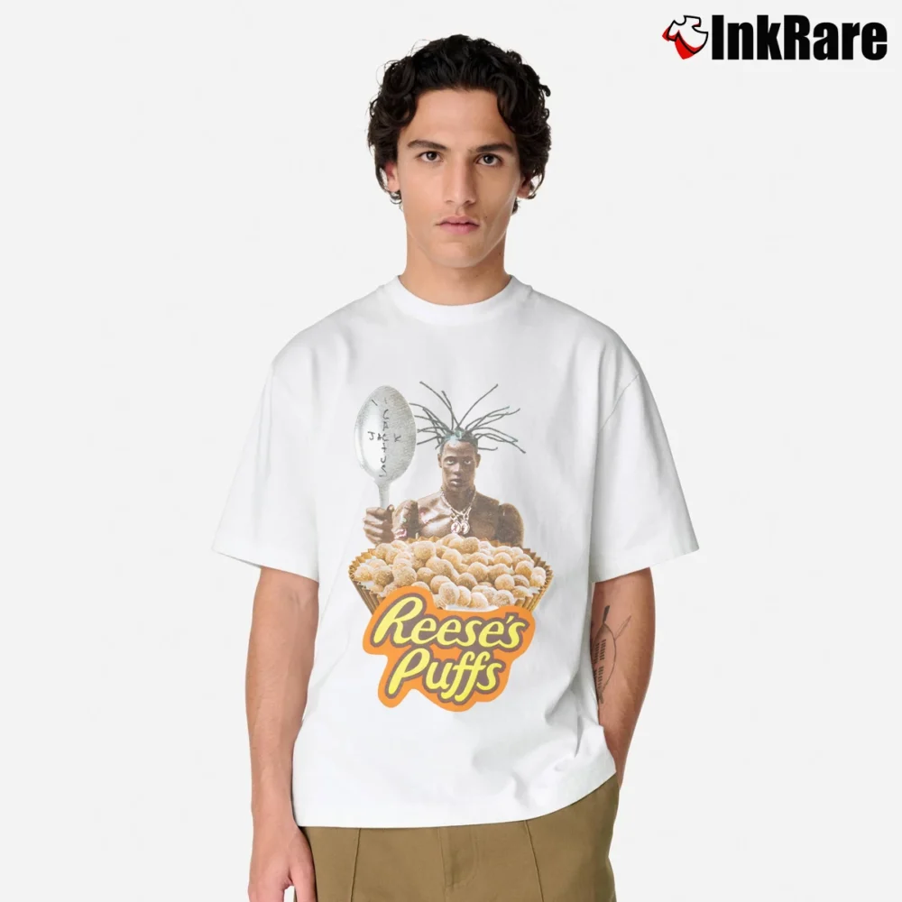Men’s Travis Scott Reeses Puffs Milk Graphic Classic T-Shirt in white | Soft, Breathable Everyday Wear