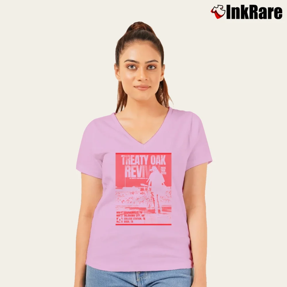 Women’s Treaty Oak Revival 2024 Tour V-Neck Tee in light pink | Chic Neckline, Soft Texture