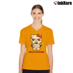 Women’s Trendy Hello Kitty Stormtrooper Star Wars Funny V-Neck Tee in orange | Chic Neckline, Soft Texture