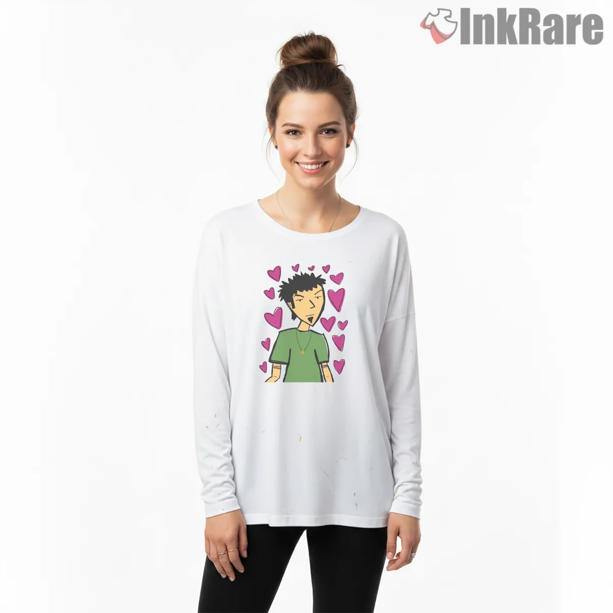 Trent Lane Crush Hearts Cartoon Graphic Shirt on white long sleeve shirt for women graphic tee